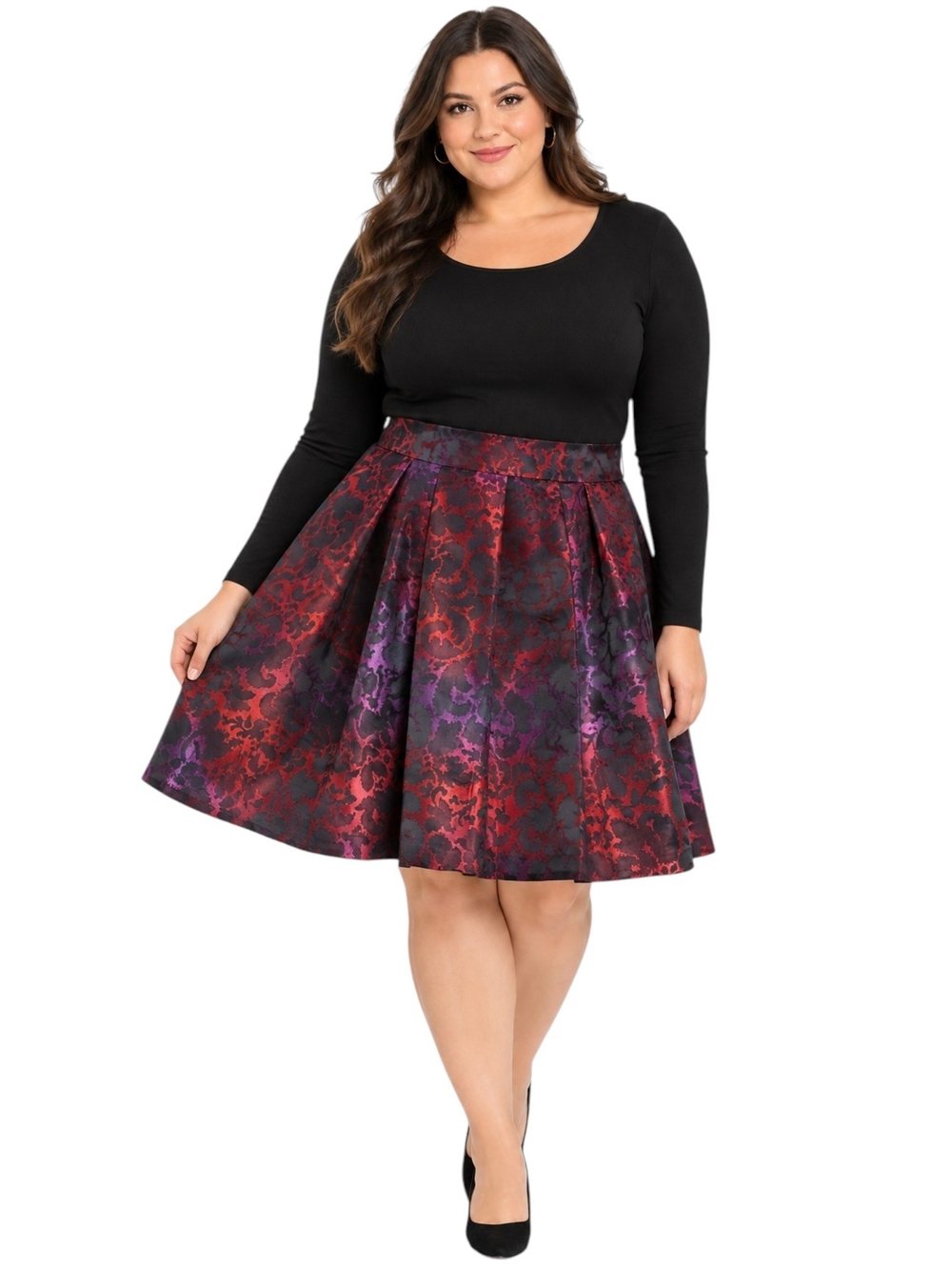 Lane Bryant Metallic Brocade Pleated A-Line Skirt Size 16 Red Purple Jacquard
